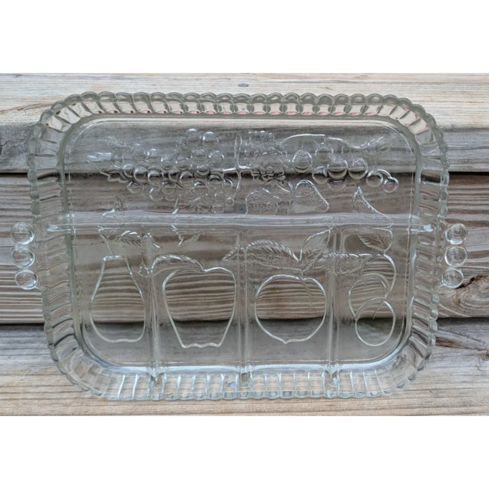 Indiana Glass Clear Divided Serving Relish Tray Fruit Pattern Handles 9